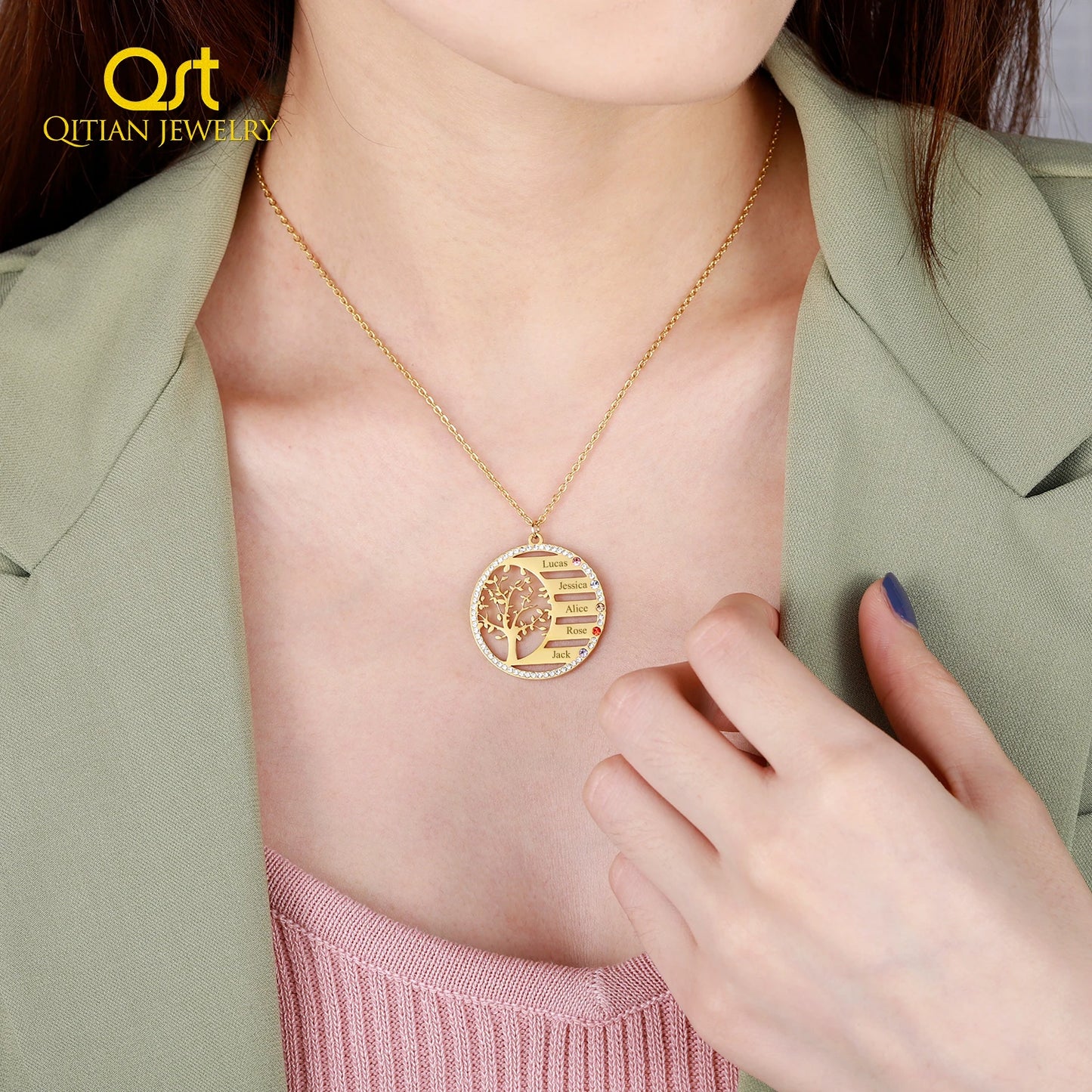 Collana personalizzata con nome dell'albero genealogico e ciondolo in cristallo con pietra portafortuna. Incisione del nome, catena in acciaio inossidabile, gioiello, regalo di Natale.