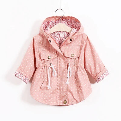 Nuova giacca/cappotto primavera/autunno 2025 per ragazze, giacca a vento con fiori, giacca a mezza lunghezza con cappuccio in vita, abbigliamento per bambini