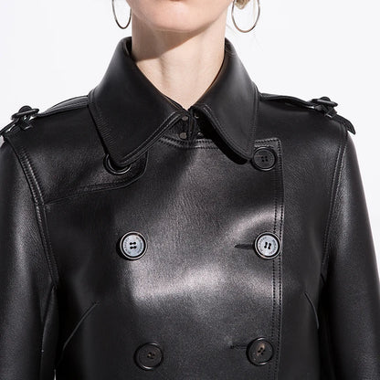 Lautaro-Long Black Faux Leather Trench Coat for Women, Belt, Double Breasted, Vintage, British Style, Overcoat, 6XL, 7XL, Spring