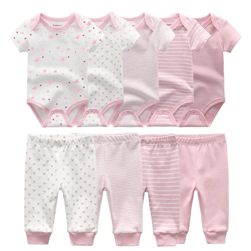 Abbigliamento unisex per neonati in cotone, 6/9/10 pezzi, body e pantaloni, maniche corte, per neonati maschietti.
