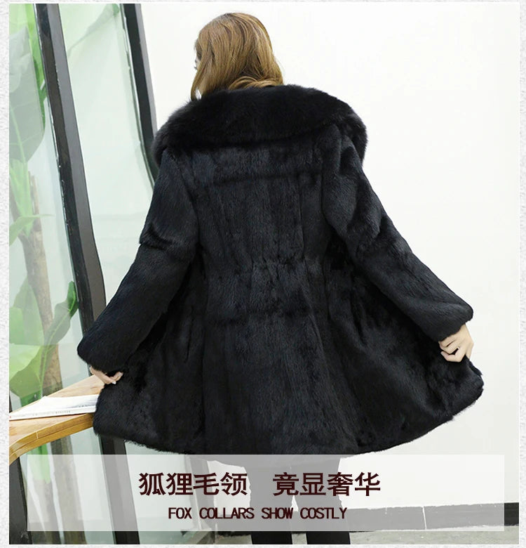 Nuovo cappotto in vera pelliccia di coniglio naturale con collo in pelliccia di volpe, giacca da donna in pelliccia alla moda, personalizzabile in qualsiasi taglia