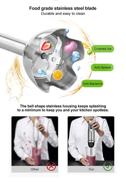 Frullatore a immersione BioloMix 4 in 1 ad alta potenza da 1200 W, con tritatutto e bicchiere per frullati, lame per ghiaccio in acciaio inossidabile