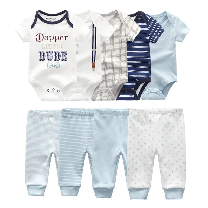 Abbigliamento unisex per neonati in cotone, 6/9/10 pezzi, body e pantaloni, maniche corte, per neonati maschietti.