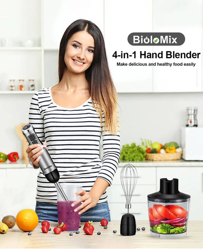 Frullatore a immersione BioloMix 4 in 1 ad alta potenza da 1200 W, con tritatutto e bicchiere per frullati, lame per ghiaccio in acciaio inossidabile