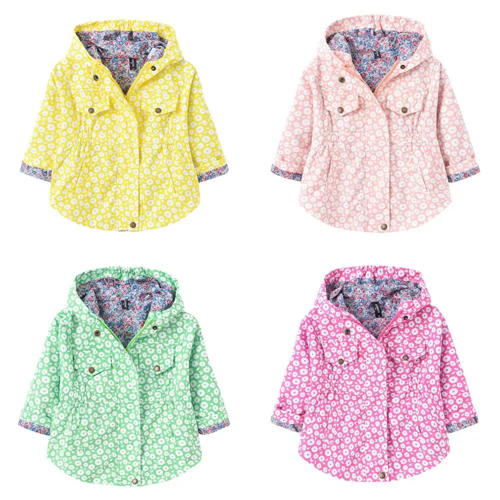Nuova giacca/cappotto primavera/autunno 2025 per ragazze, giacca a vento con fiori, giacca a mezza lunghezza con cappuccio in vita, abbigliamento per bambini