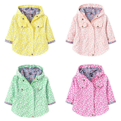 Nuova giacca/cappotto primavera/autunno 2025 per ragazze, giacca a vento con fiori, giacca a mezza lunghezza con cappuccio in vita, abbigliamento per bambini