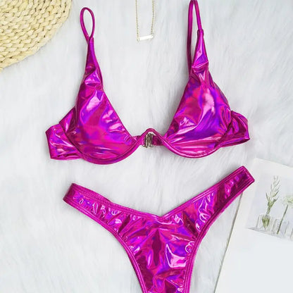 Bikini brasiliano sexy estivo da donna, costume da bagno olografico metallico lucido push-up imbottito con ferretto a triangolo, costume da bagno da spiaggia
