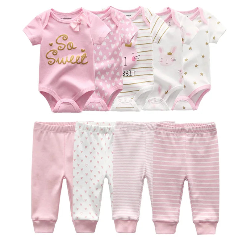 Abbigliamento unisex per neonati in cotone, 6/9/10 pezzi, body e pantaloni, maniche corte, per neonati maschietti.