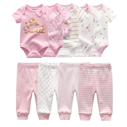 Abbigliamento unisex per neonati in cotone, 6/9/10 pezzi, body e pantaloni, maniche corte, per neonati maschietti.