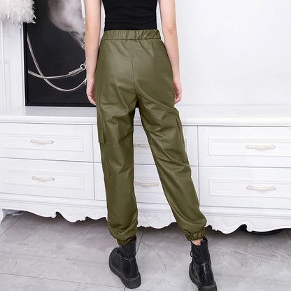 Genuine Leather Overalls Women Femme Elastic Waist Pants With Pockets Mujer Army Green Straight Leggings Novelty Harem Trousers