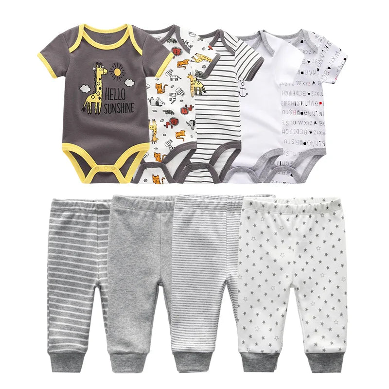 Abbigliamento unisex per neonati in cotone, 6/9/10 pezzi, body e pantaloni, maniche corte, per neonati maschietti.