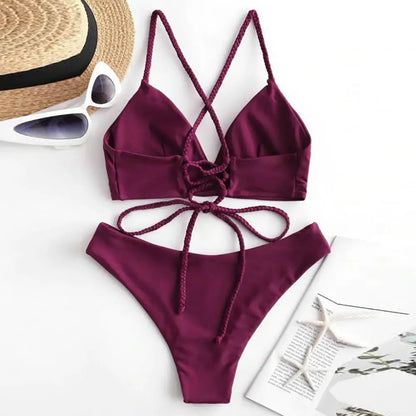 Melphieer 2025 Nuovo Bikini con spalline intrecciate rosso vino, set bikini brasiliano con schiena incrociata, costume da bagno da donna