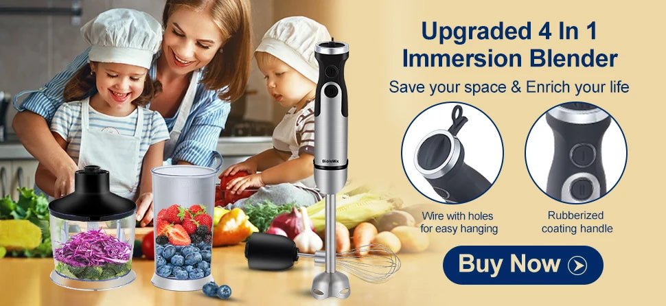 Frullatore a immersione BioloMix 4 in 1 ad alta potenza da 1200 W, con tritatutto e bicchiere per frullati, lame per ghiaccio in acciaio inossidabile
