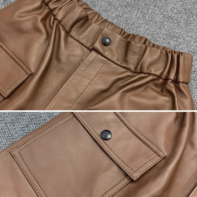 Salopette in vera pelle da donna, pantaloni elastici in vita con tasche, leggings dritti verdi militari da donna, pantaloni harem originali