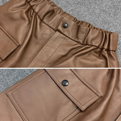 Salopette in vera pelle da donna, pantaloni elastici in vita con tasche, leggings dritti verdi militari da donna, pantaloni harem originali