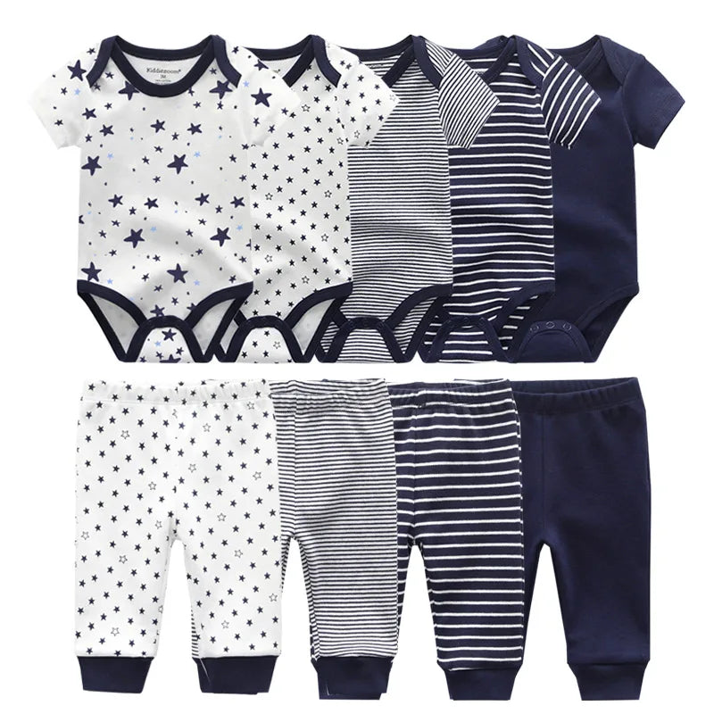 Abbigliamento unisex per neonati in cotone, 6/9/10 pezzi, body e pantaloni, maniche corte, per neonati maschietti.