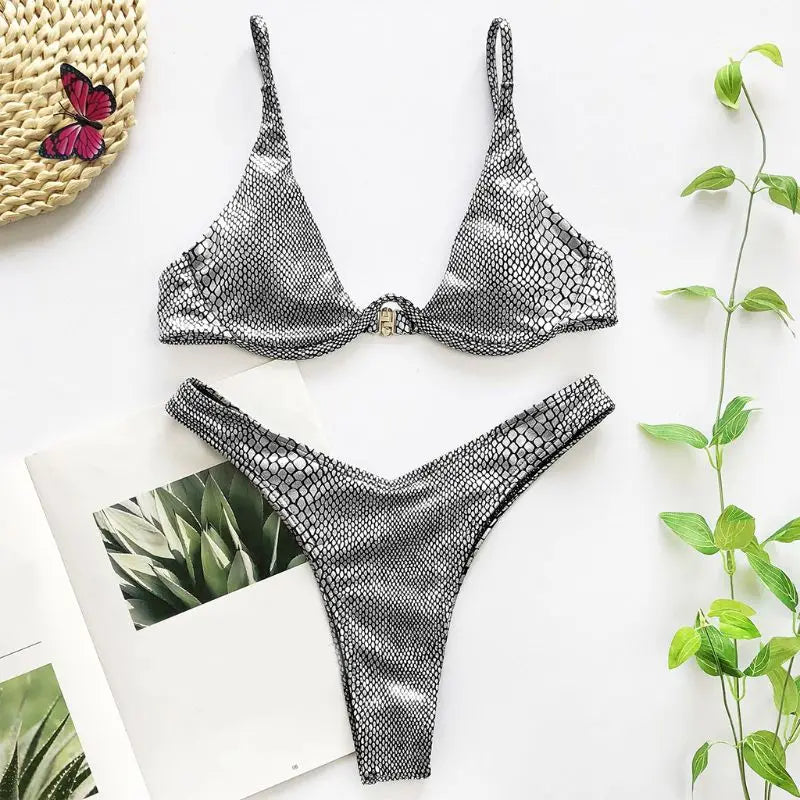 Women Summer Sexy Brazilian Bikini Set Holographic Shiny Metallic Swimsuit Push Up Padded Underwire Triangle Bathing Suit Beachw