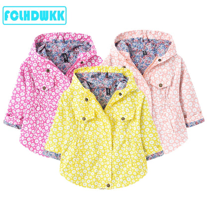 Nuova giacca/cappotto primavera/autunno 2025 per ragazze, giacca a vento con fiori, giacca a mezza lunghezza con cappuccio in vita, abbigliamento per bambini