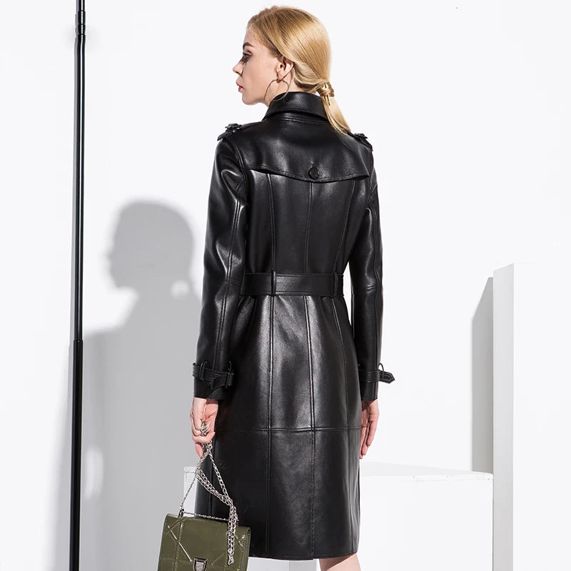 Lautaro-Long Black Faux Leather Trench Coat for Women, Belt, Double Breasted, Vintage, British Style, Overcoat, 6XL, 7XL, Spring