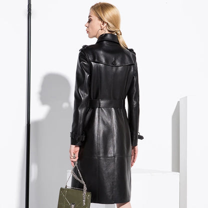 Lautaro-Long Black Faux Leather Trench Coat for Women, Belt, Double Breasted, Vintage, British Style, Overcoat, 6XL, 7XL, Spring