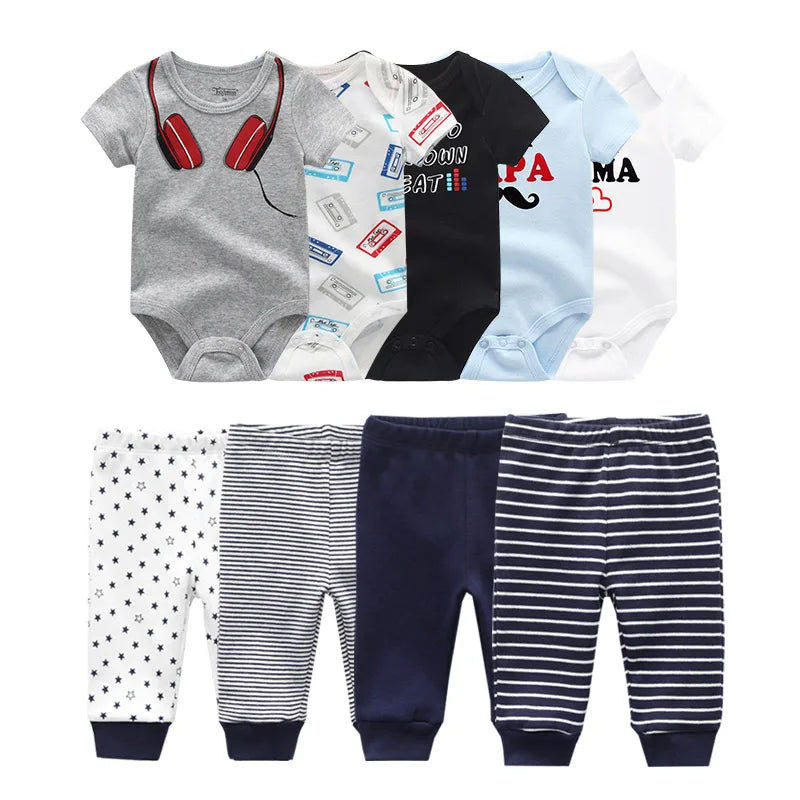 Abbigliamento unisex per neonati in cotone, 6/9/10 pezzi, body e pantaloni, maniche corte, per neonati maschietti.
