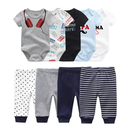 Abbigliamento unisex per neonati in cotone, 6/9/10 pezzi, body e pantaloni, maniche corte, per neonati maschietti.