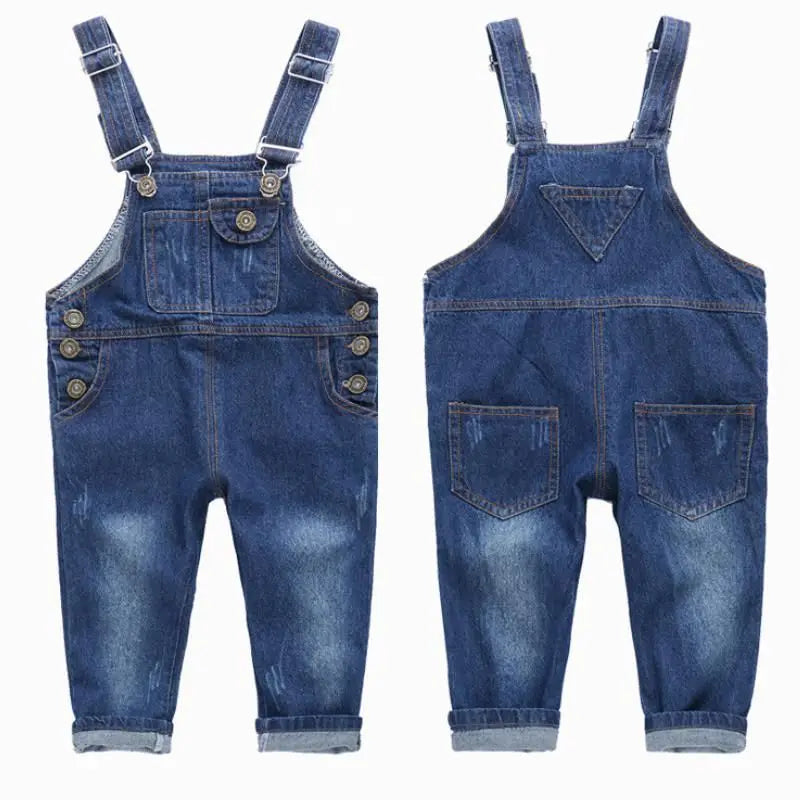 Nuovo arrivo primavera 2023 Salopette in denim per bambine e bambini con bottoni Salopette blu tinta unita per bambini 1-8 anni