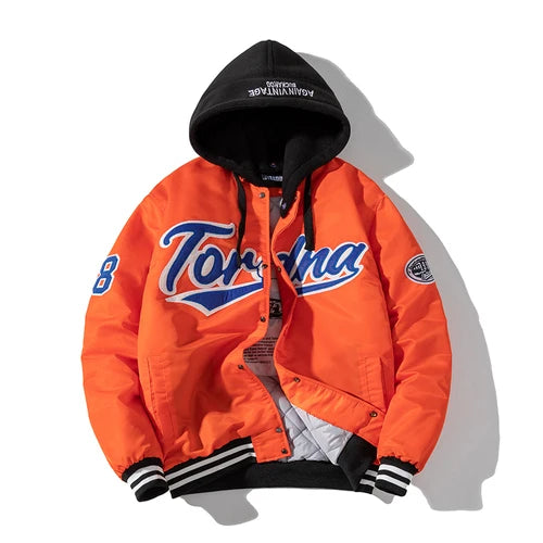 Giacca invernale vintage uomo donna, giacca da baseball hip hop, ricamo con lettere, streetwear, cappotto con cappuccio, abbigliamento casual alla moda per coppie.