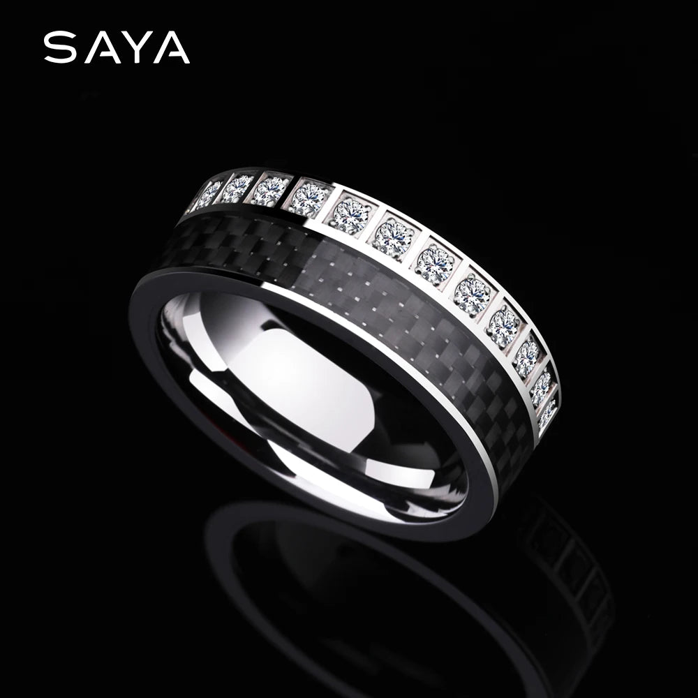 Anelli per uomo e donna, anelli in tungsteno per fidanzamento, fascia con intarsio in fibra di carbonio nera e pietre CZ lucide, personalizzati