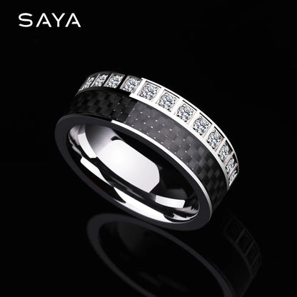 Anelli per uomo e donna, anelli in tungsteno per fidanzamento, fascia con intarsio in fibra di carbonio nera e pietre CZ lucide, personalizzati