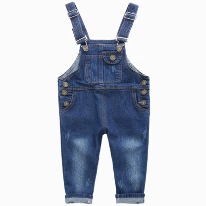 Nuovo arrivo primavera 2023 Salopette in denim per bambine e bambini con bottoni Salopette blu tinta unita per bambini 1-8 anni