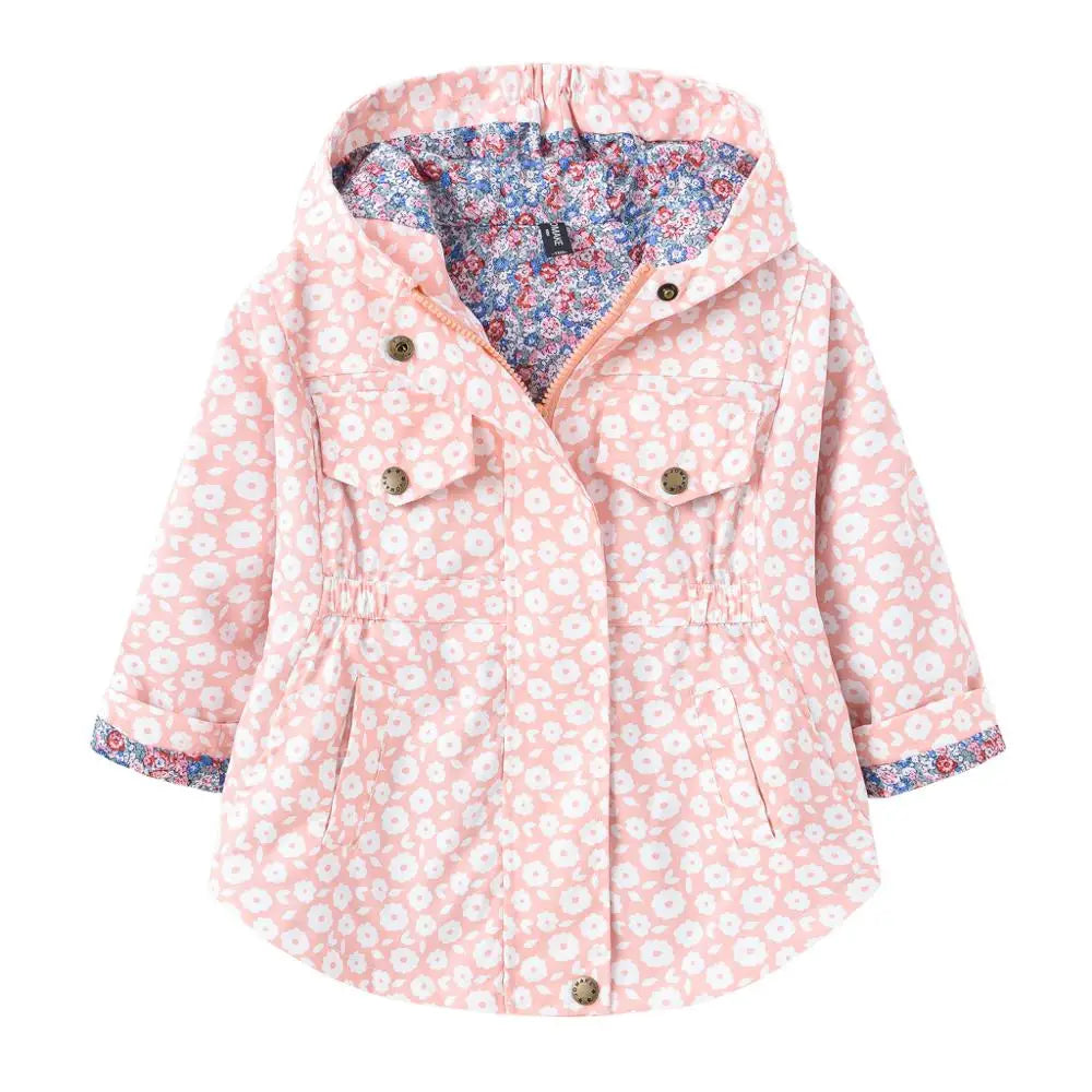 Nuova giacca/cappotto primavera/autunno 2025 per ragazze, giacca a vento con fiori, giacca a mezza lunghezza con cappuccio in vita, abbigliamento per bambini