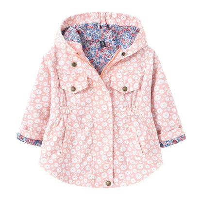 Nuova giacca/cappotto primavera/autunno 2025 per ragazze, giacca a vento con fiori, giacca a mezza lunghezza con cappuccio in vita, abbigliamento per bambini