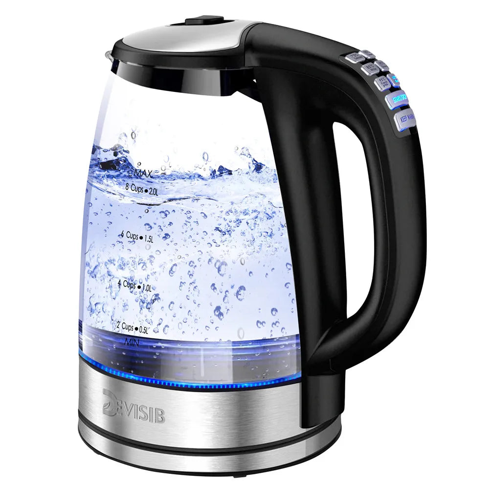 Bollitore elettrico in vetro DEVISIB, 2200W, ebollizione rapida, controllo della temperatura, mantenimento in caldo per 4 ore, 2,0 litri, ideale anche come bollitore per tè e acqua calda.