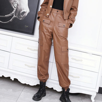 Salopette in vera pelle da donna, pantaloni elastici in vita con tasche, leggings dritti verdi militari da donna, pantaloni harem originali