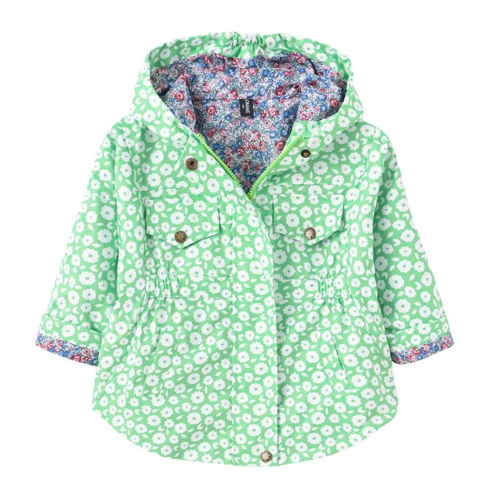 Nuova giacca/cappotto primavera/autunno 2025 per ragazze, giacca a vento con fiori, giacca a mezza lunghezza con cappuccio in vita, abbigliamento per bambini