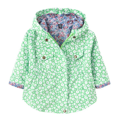 Nuova giacca/cappotto primavera/autunno 2025 per ragazze, giacca a vento con fiori, giacca a mezza lunghezza con cappuccio in vita, abbigliamento per bambini