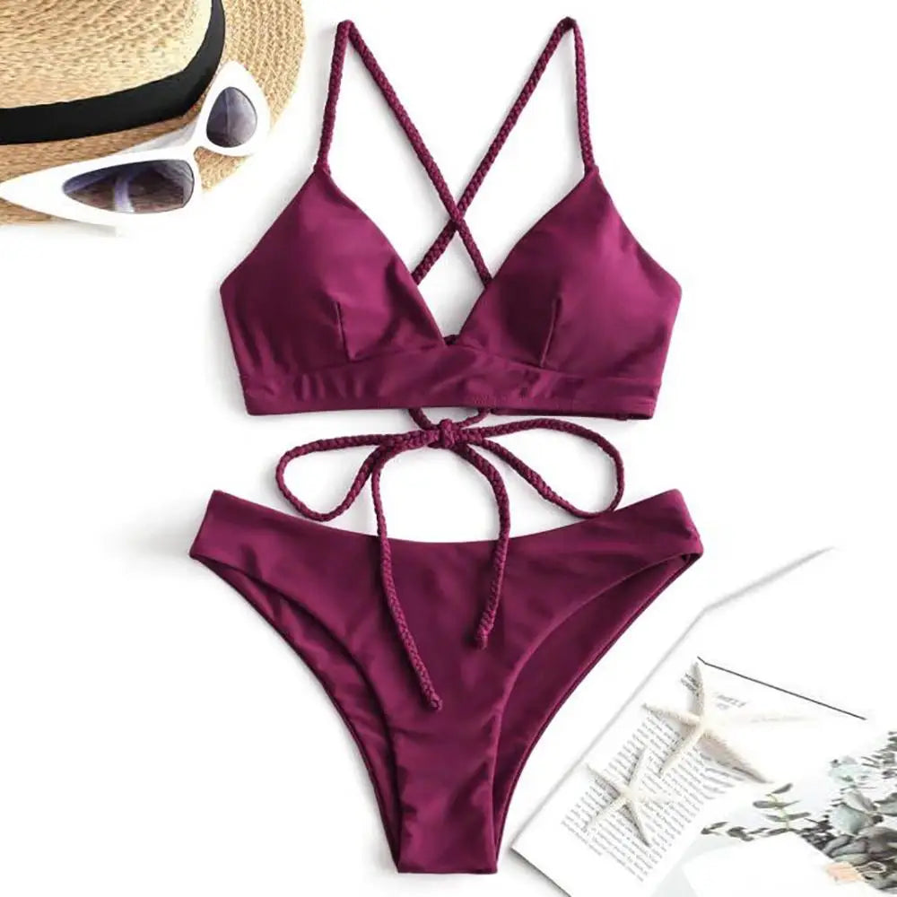 Melphieer 2025 Nuovo Bikini con spalline intrecciate rosso vino, set bikini brasiliano con schiena incrociata, costume da bagno da donna