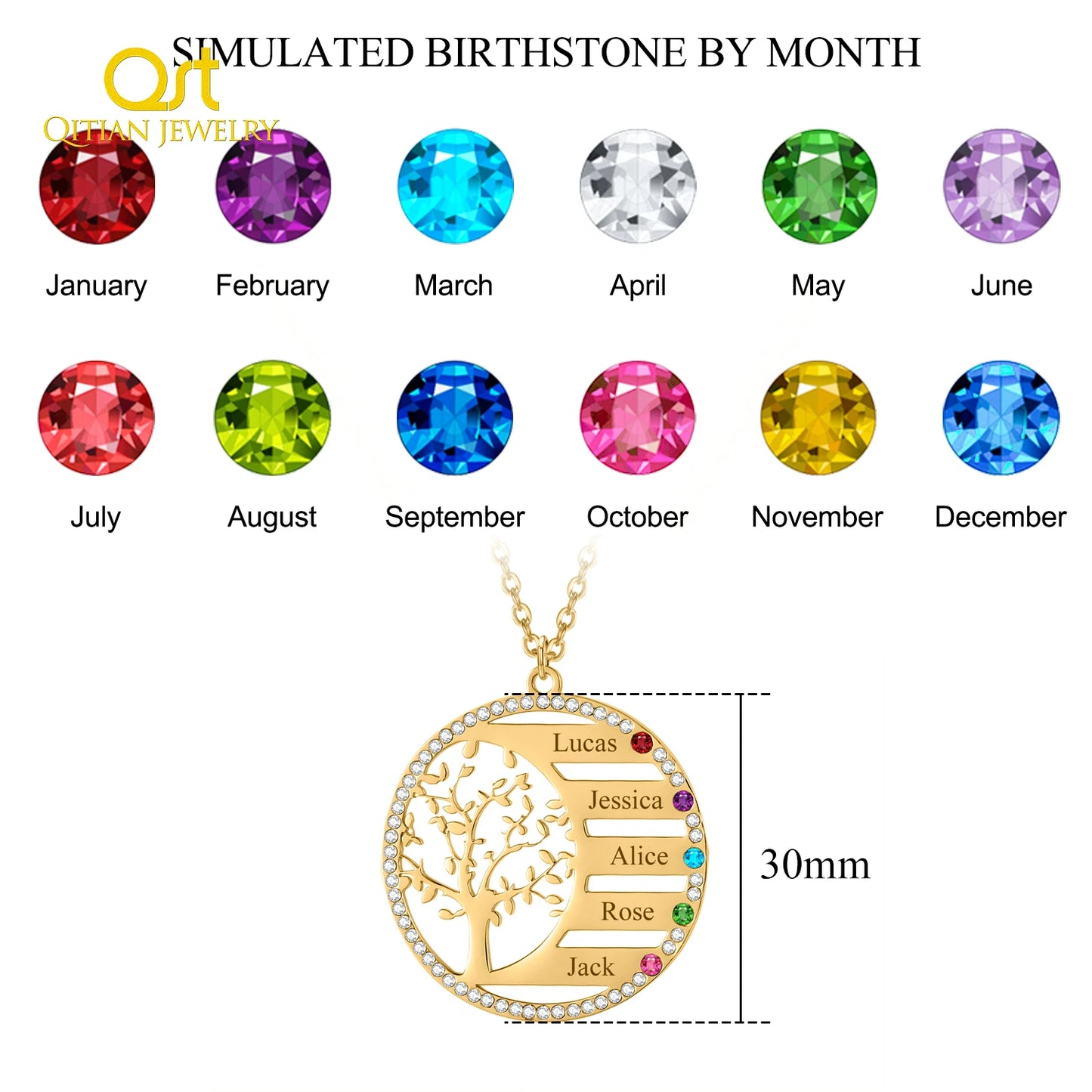 Collana personalizzata con nome dell'albero genealogico e ciondolo in cristallo con pietra portafortuna. Incisione del nome, catena in acciaio inossidabile, gioiello, regalo di Natale.