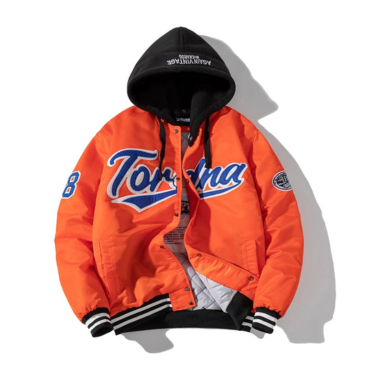 Giacca invernale vintage uomo donna, giacca da baseball hip hop, ricamo con lettere, streetwear, cappotto con cappuccio, abbigliamento casual alla moda per coppie.