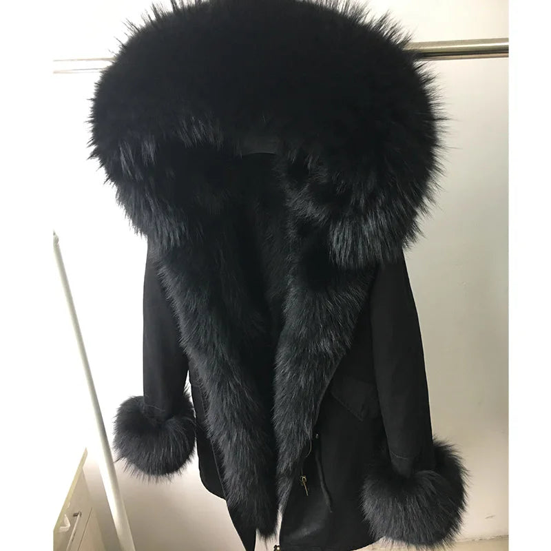 MAOMAOKONG Cappotto invernale in vera pelliccia di volpe da donna, lungo parka, collo in procione naturale, cappuccio, spesso e caldo, fodera in pelliccia staccabile