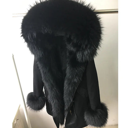 MAOMAOKONG Cappotto invernale in vera pelliccia di volpe da donna, lungo parka, collo in procione naturale, cappuccio, spesso e caldo, fodera in pelliccia staccabile