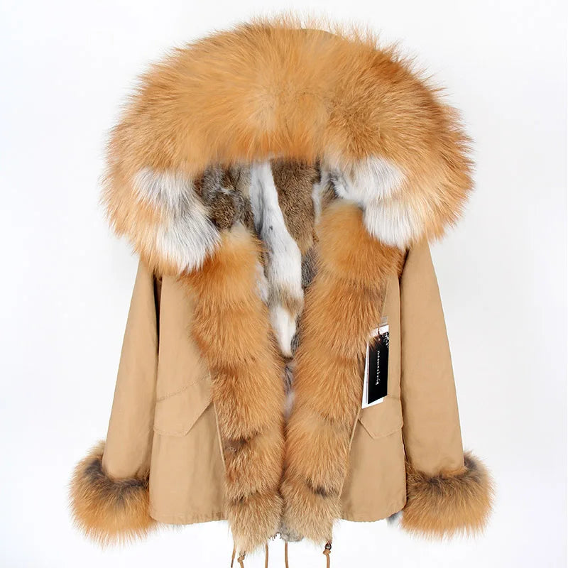 Nuovo cappotto invernale da donna 2024, parka, giacca, grande, collo in pelliccia di procione, cappuccio, fodera in pelliccia di coniglio rex staccabile, stile di marca, marchio di alta qualità