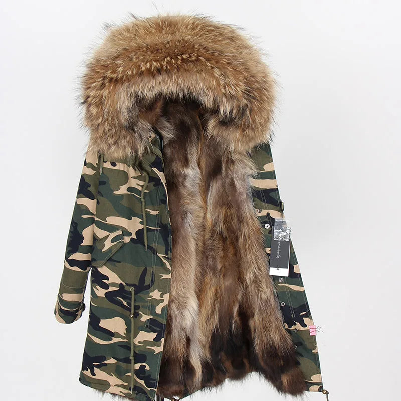 MAOMAOKONG Cappotto invernale in vera pelliccia di volpe da donna, lungo parka, collo in procione naturale, cappuccio, spesso e caldo, fodera in pelliccia staccabile