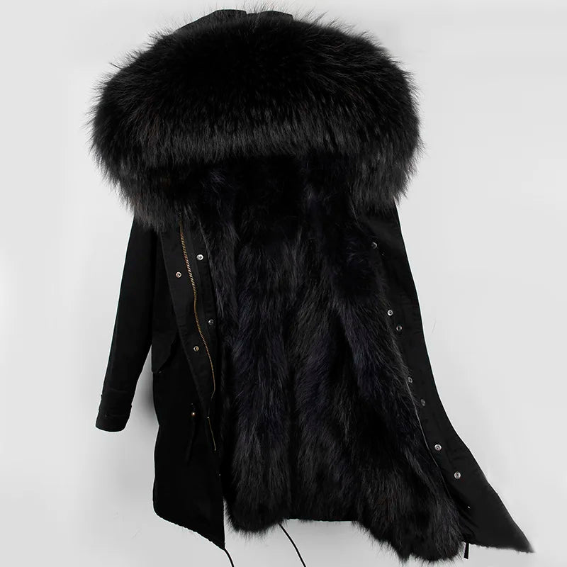 MAOMAOKONG Cappotto invernale in vera pelliccia di volpe da donna, lungo parka, collo in procione naturale, cappuccio, spesso e caldo, fodera in pelliccia staccabile