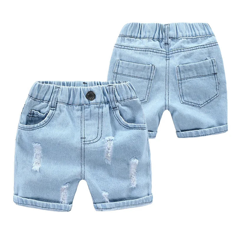 Pantaloncini di jeans estivi per bambini, alla moda, con strappi, stile Corea del Sud, pantaloncini casual da cowboy per bambini, pantaloni da spiaggia per bambini dai 2 ai 7 anni.