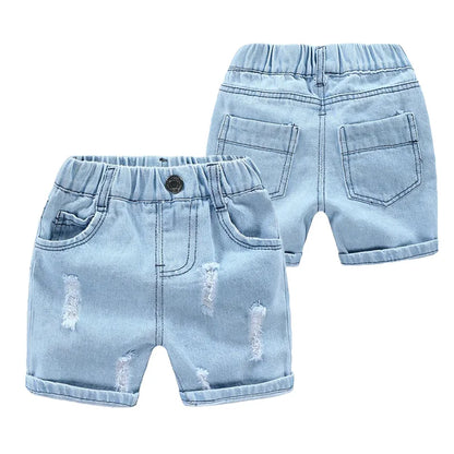 Pantaloncini di jeans estivi per bambini, alla moda, con strappi, stile Corea del Sud, pantaloncini casual da cowboy per bambini, pantaloni da spiaggia per bambini dai 2 ai 7 anni.
