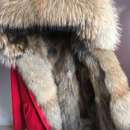 MAOMAOKONG Cappotto invernale in vera pelliccia di volpe da donna, lungo parka, collo in procione naturale, cappuccio, spesso e caldo, fodera in pelliccia staccabile