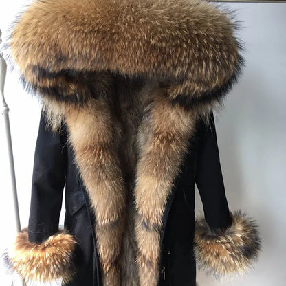 MAOMAOKONG Cappotto invernale in vera pelliccia di volpe da donna, lungo parka, collo in procione naturale, cappuccio, spesso e caldo, fodera in pelliccia staccabile