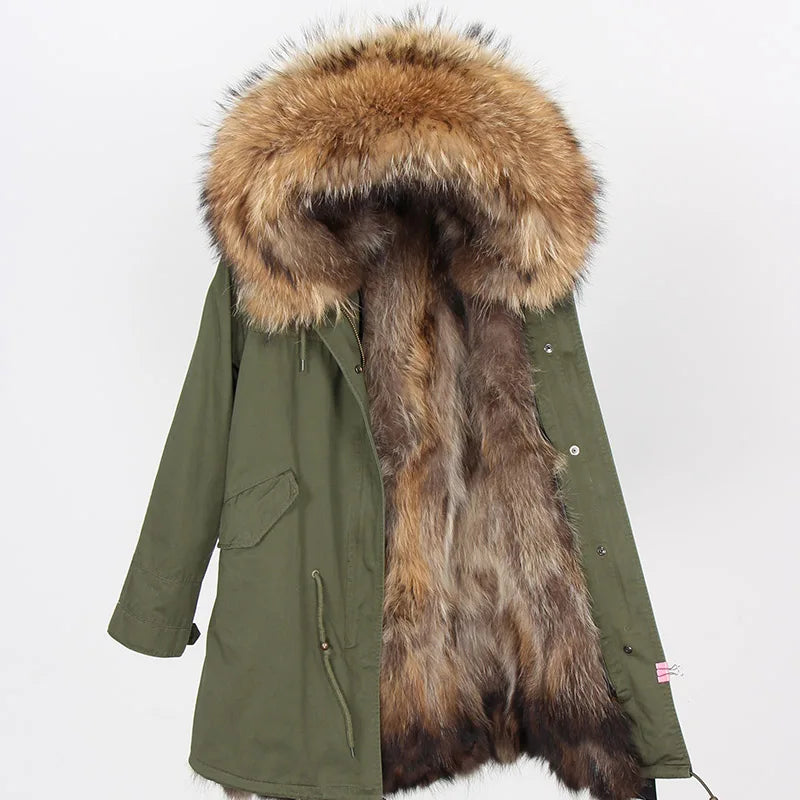 MAOMAOKONG Cappotto invernale in vera pelliccia di volpe da donna, lungo parka, collo in procione naturale, cappuccio, spesso e caldo, fodera in pelliccia staccabile